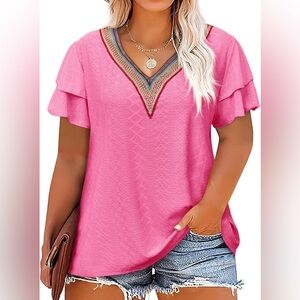 Pink V-Neck Ruffle Sleeve Top